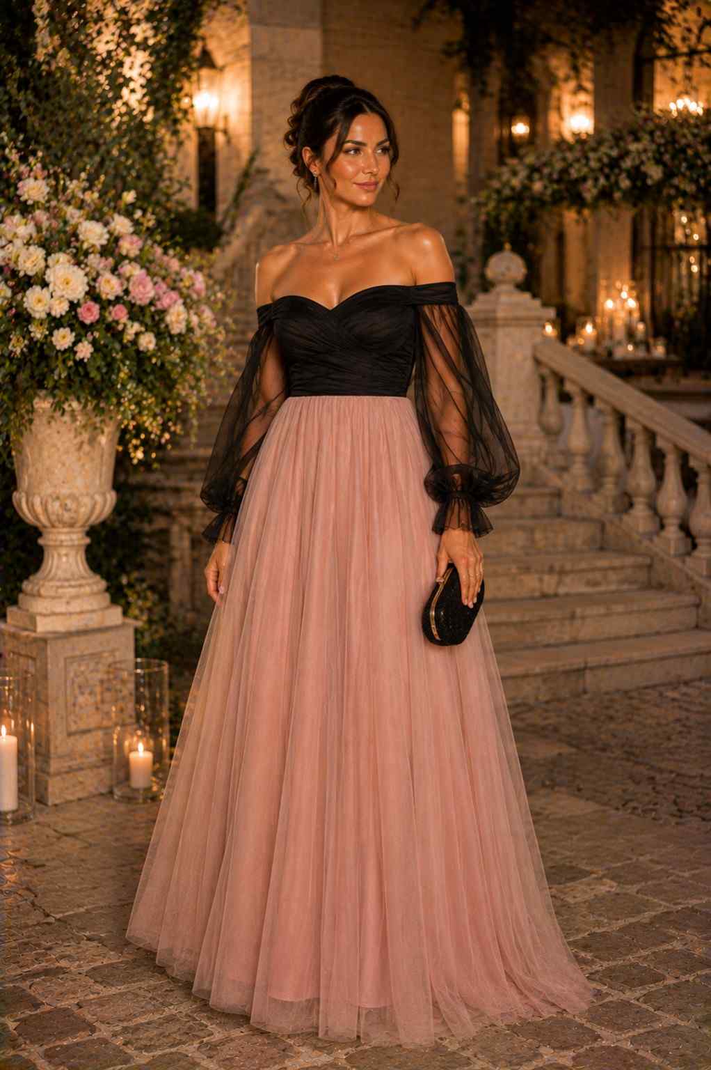 Black and blush tulle ball gown with sheer balloon sleeves