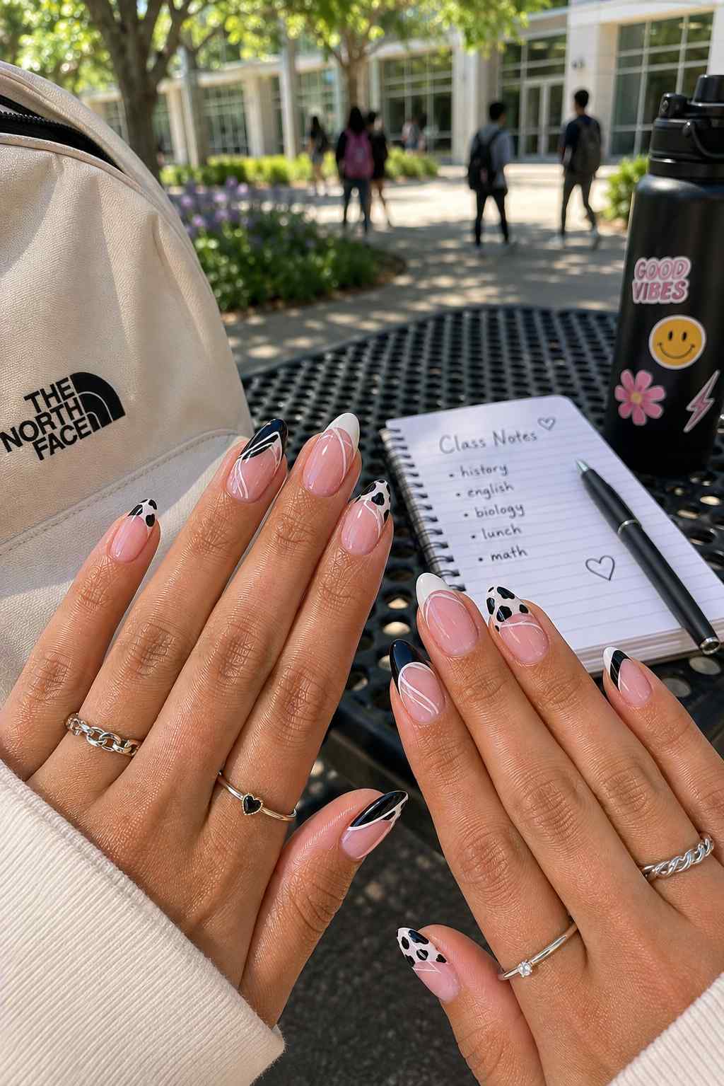 Nude almond nails with black and white French tips, cow print accents, and silver swirl line art