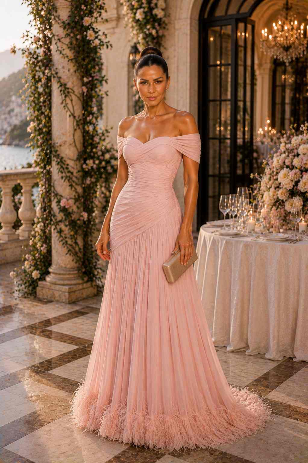 Blush pink off-shoulder gown with sweetheart neckline and feathered hem
