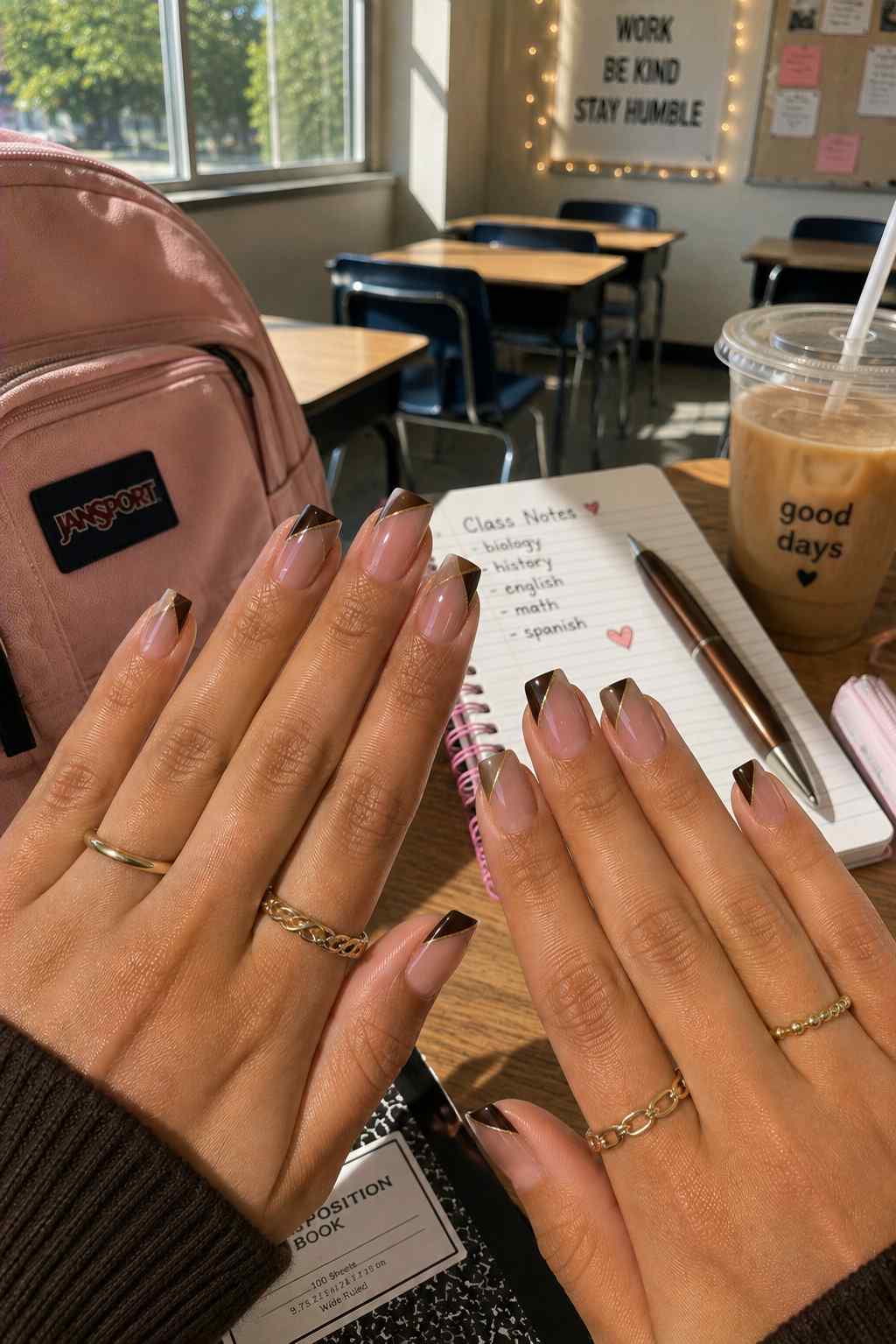 Nude nails with bronze metallic angled French tips outlined in gold