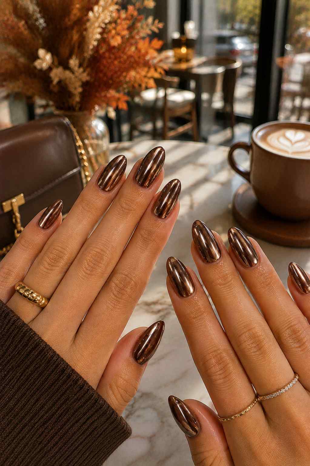 Full set of high-shine bronze mirror chrome almond nails
