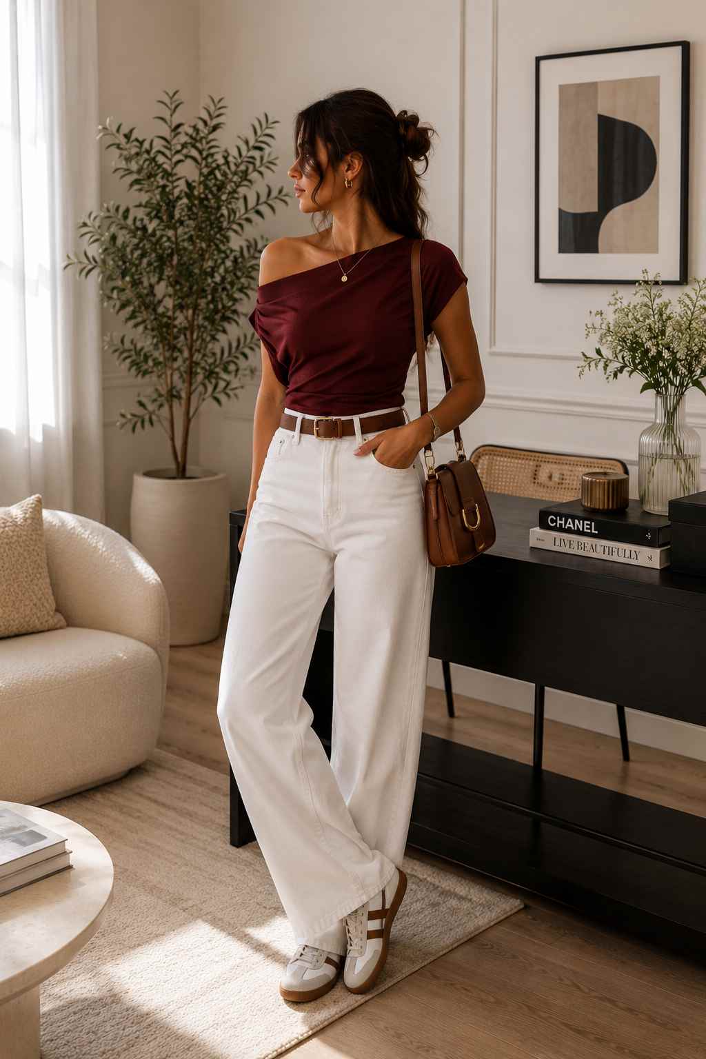 Woman wearing a burgundy off-the-shoulder top, white wide-leg jeans, brown belt, and white sneakers.