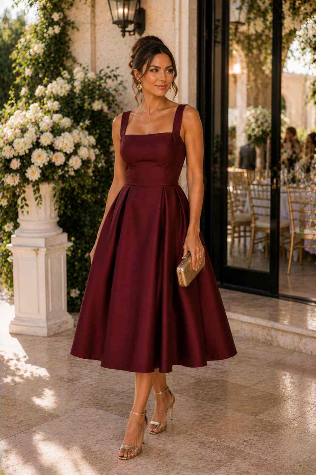 Burgundy satin fit-and-flare midi dress with square neckline
