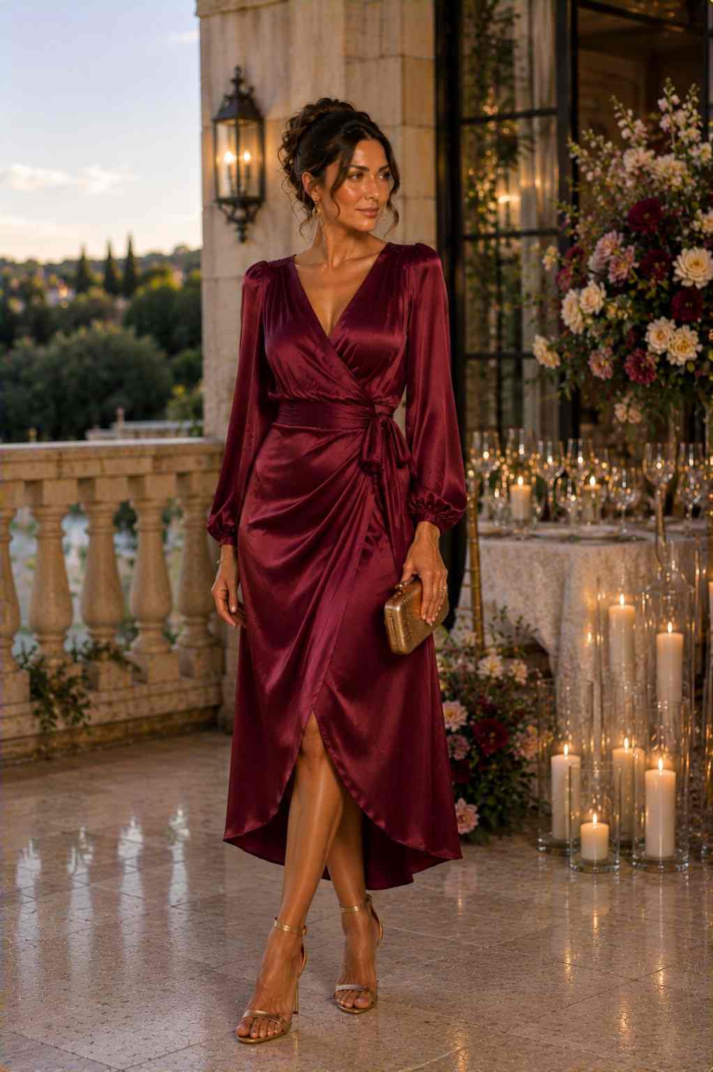 Burgundy satin long-sleeve wrap dress with tie waist and front slit