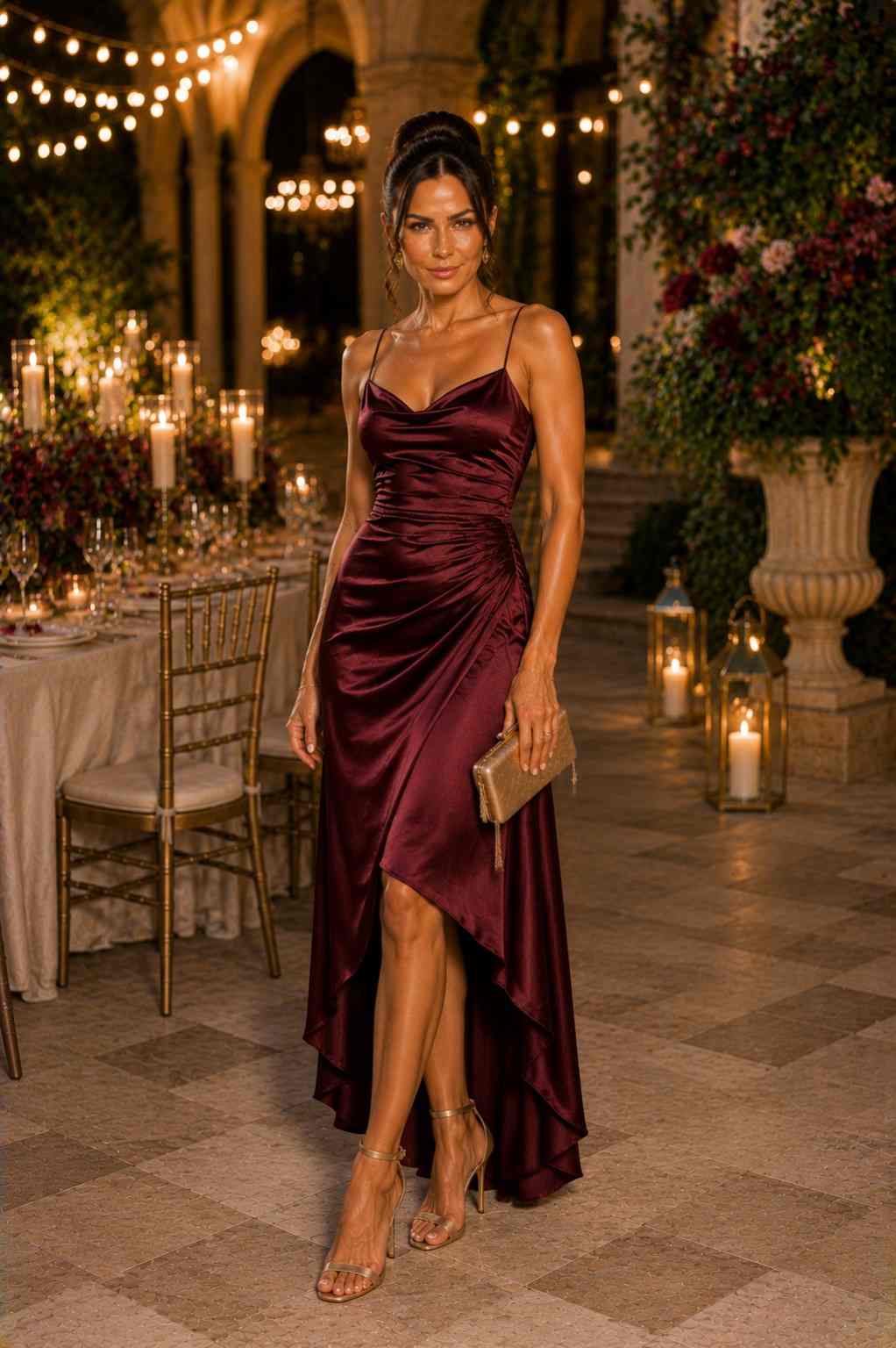 Burgundy satin slip gown with cowl neckline and high-low hem