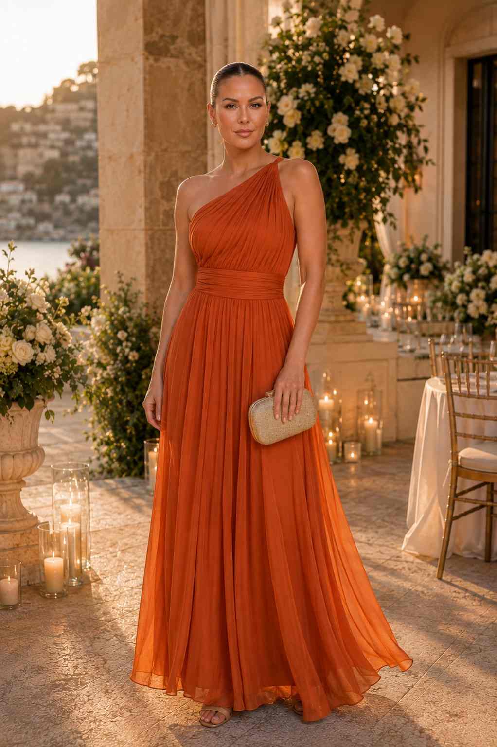 Burnt orange one-shoulder pleated chiffon gown with flowing skirt