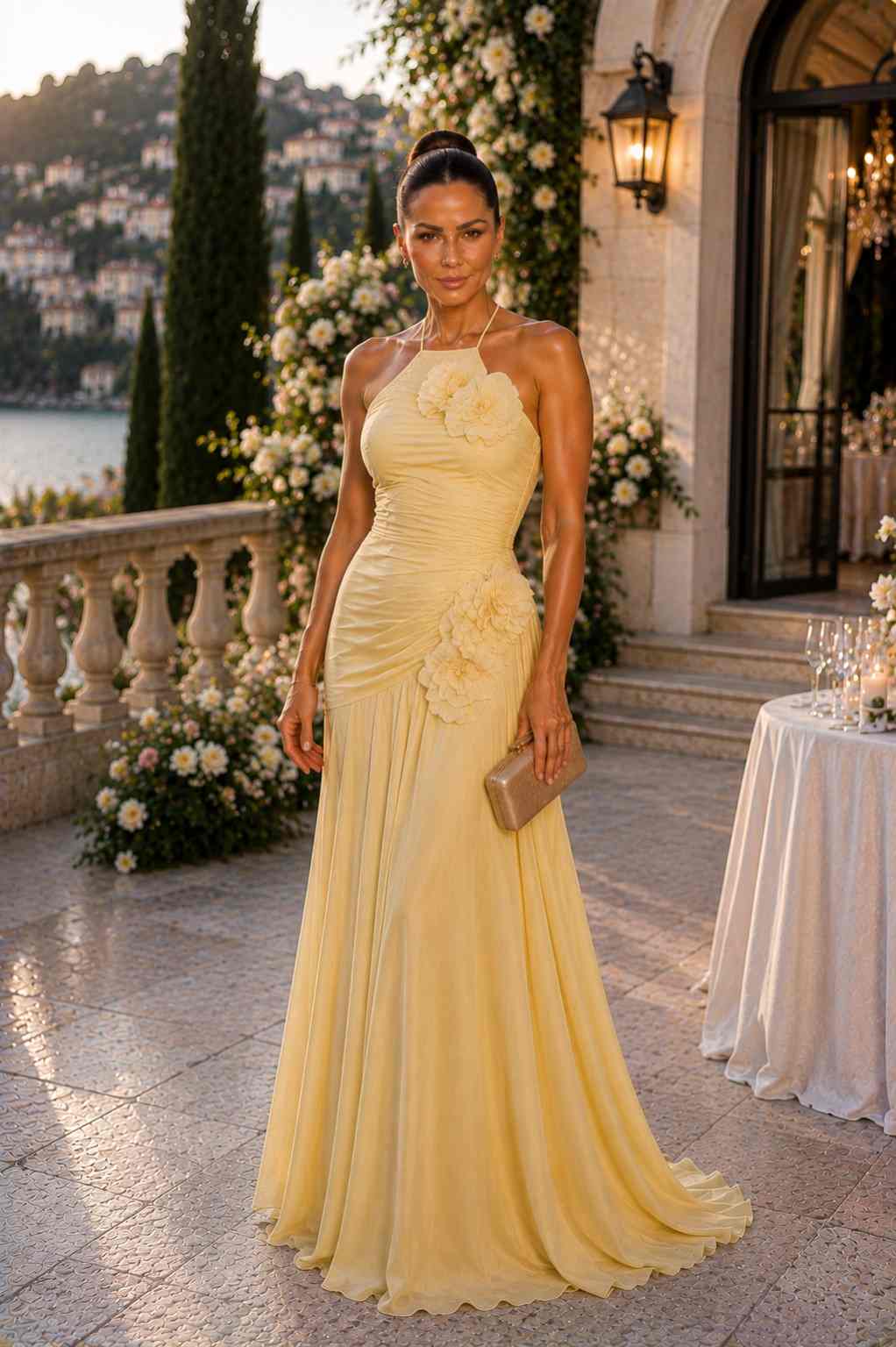 Pale yellow halter gown with oversized floral appliqués and ruched waist
