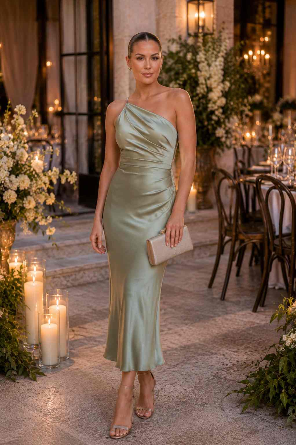Celadon green satin bias-cut midi dress with asymmetrical strap