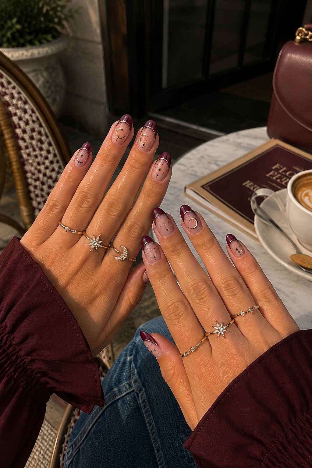 Reverse burgundy French manicure with gold moon and star nail art