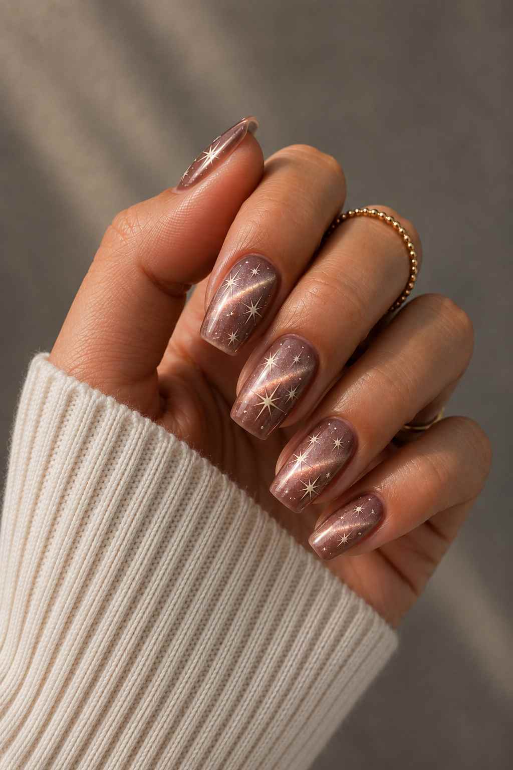 Mauve-rose cat-eye manicure with silver starburst nail art