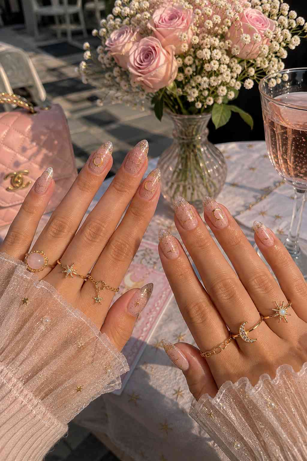 Sheer glitter nails with gold moon phase and star line art