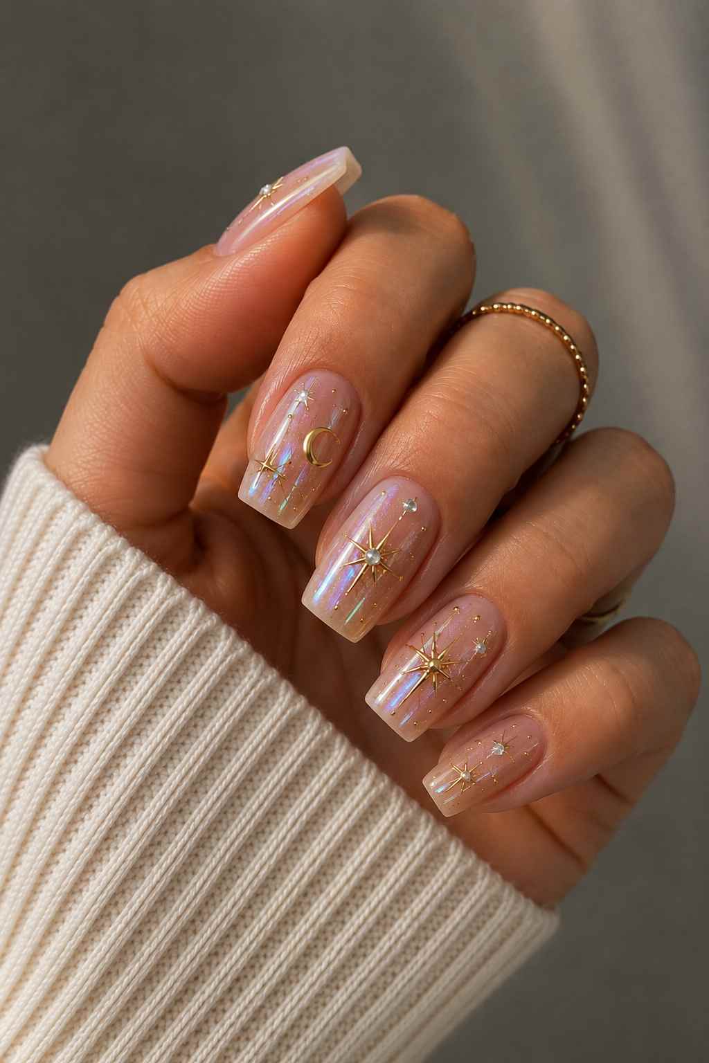 Sheer iridescent nails with gold star and crescent moon line art and holographic streaks