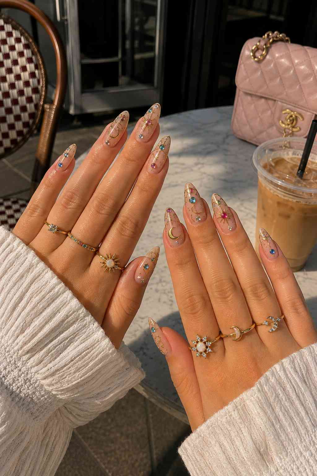 Sheer nude almond nails with gold wire moon and sun art and colored gemstone charms