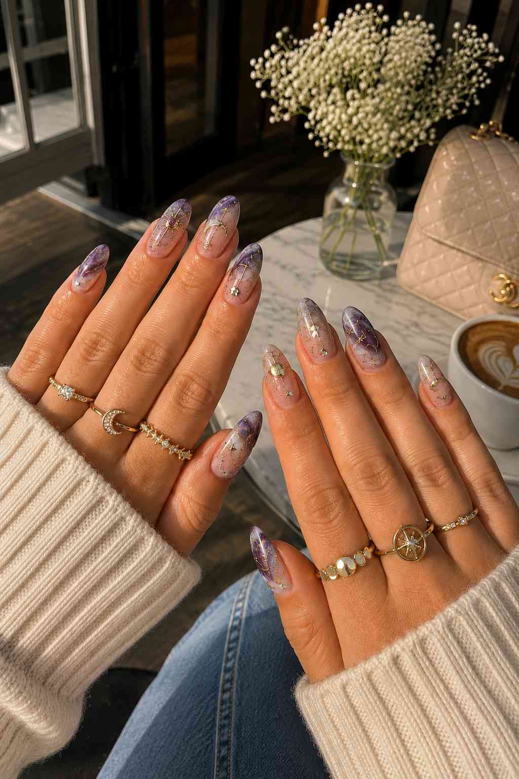 Marbled lavender nails with gold constellation line art and star charms