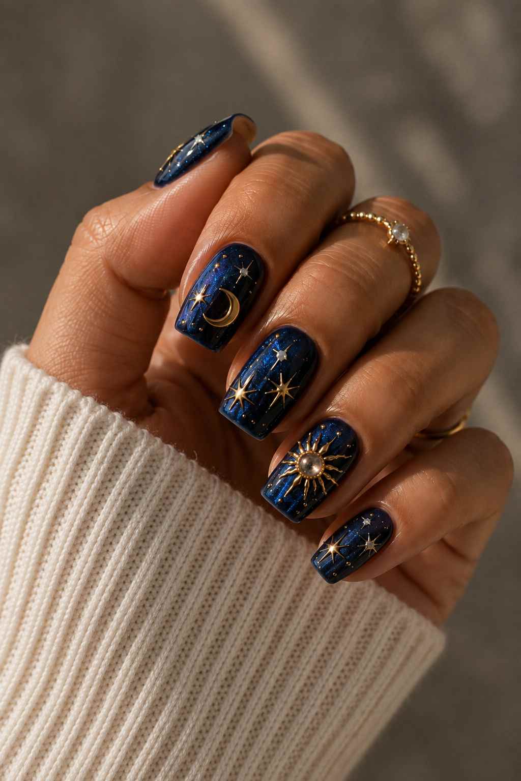 Glittery midnight blue nails with gold stars, crescent moon, and sun charm nail art