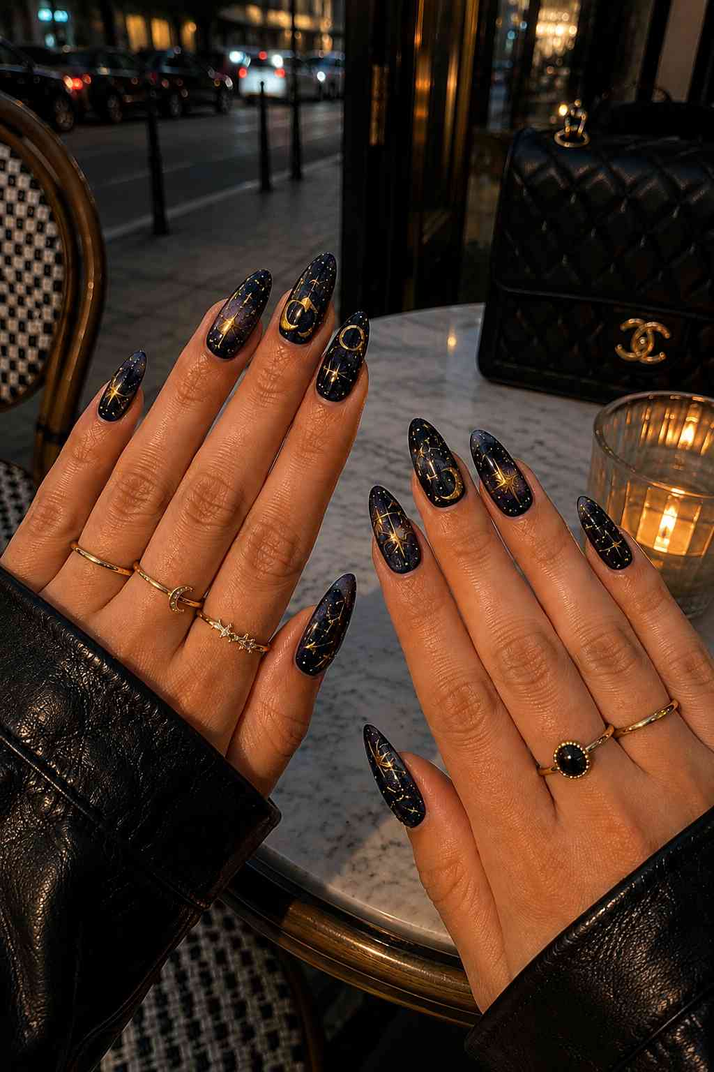 Glossy navy-black almond nails covered in gold constellation and star map nail art
