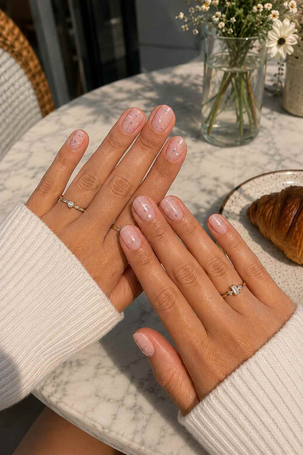 Short round nails with sheer nude base and fine silver star and moon line art