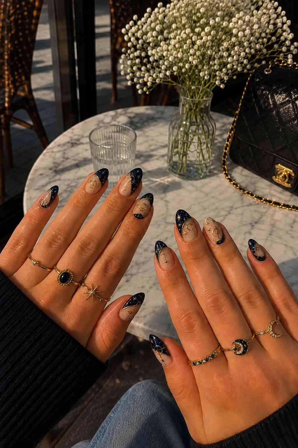 Diagonal navy nail art on nude base with gold orbit ring and star accents
