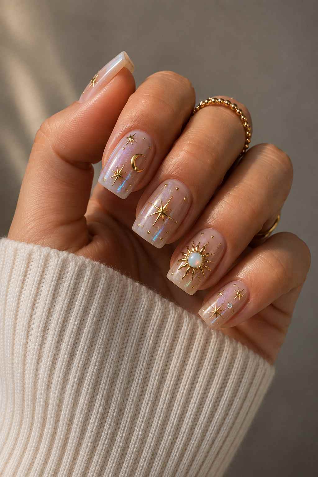 Square nails with sheer holographic base, gold star charms, and an opal sun charm accent