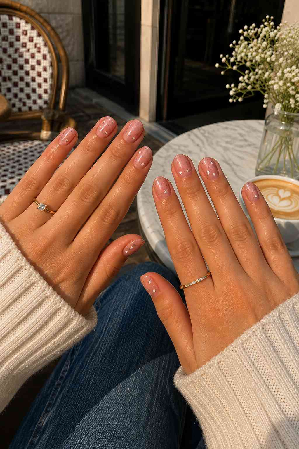 Short natural pink nails with scattered tiny silver star nail art
