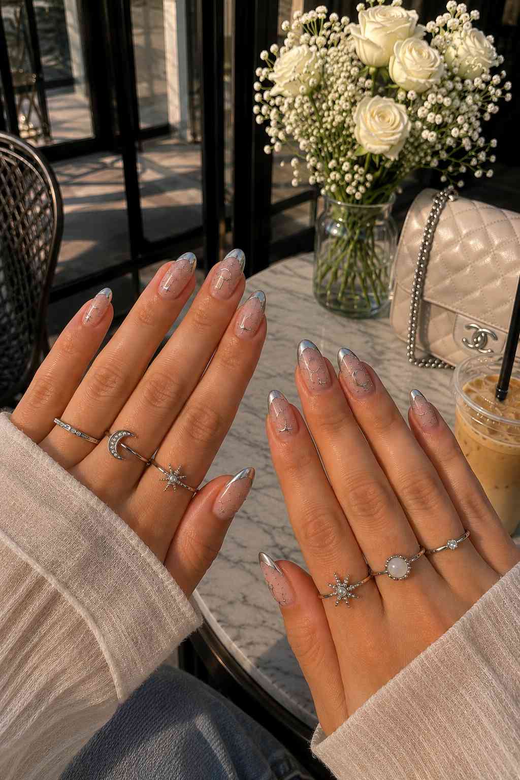 Chrome silver French tip nails with fine silver star and moon line art