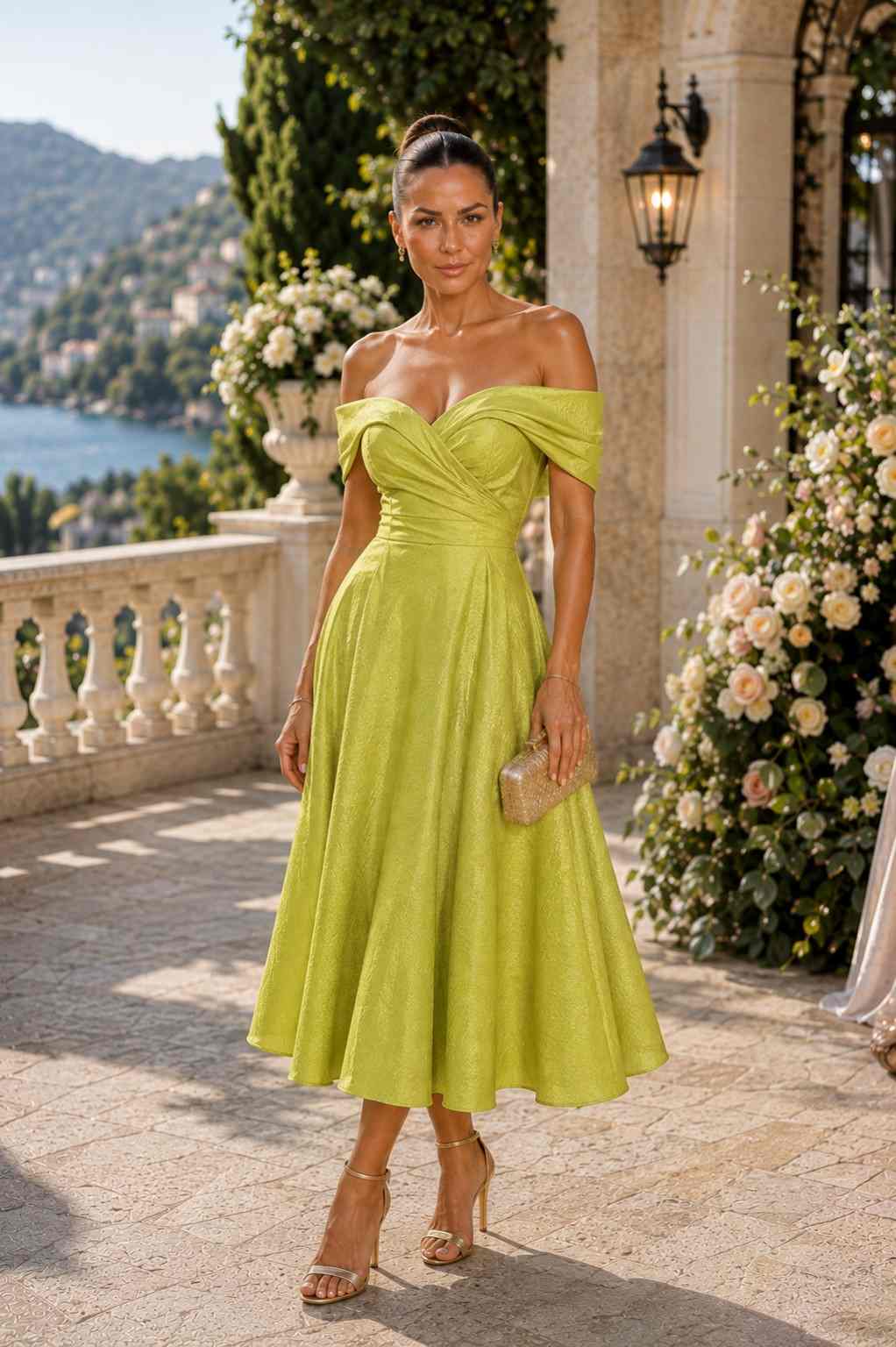 Chartreuse textured off-shoulder midi dress with full skirt