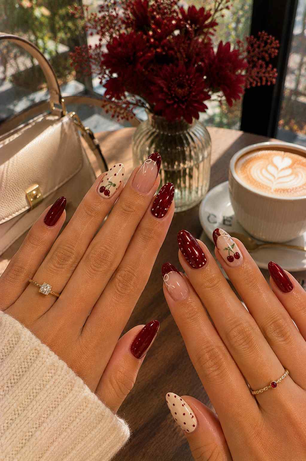 Oxblood nails with white polka dots paired with sheer nude nails featuring cherry and bow nail art