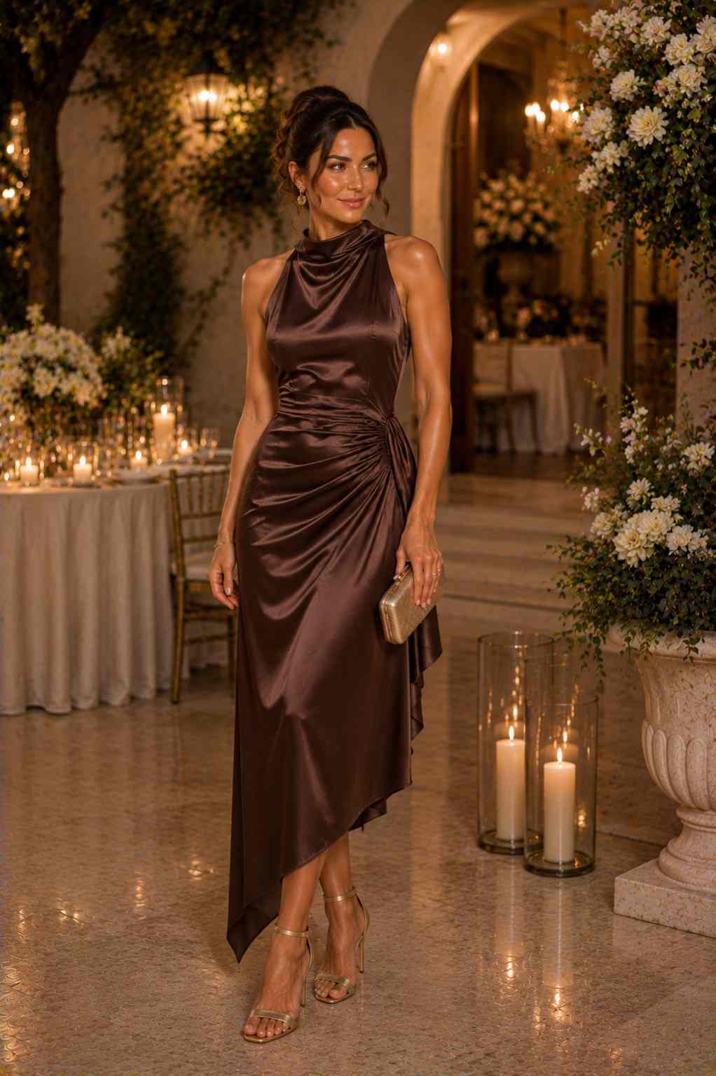 Chocolate brown satin halter midi dress with draped cowl neckline