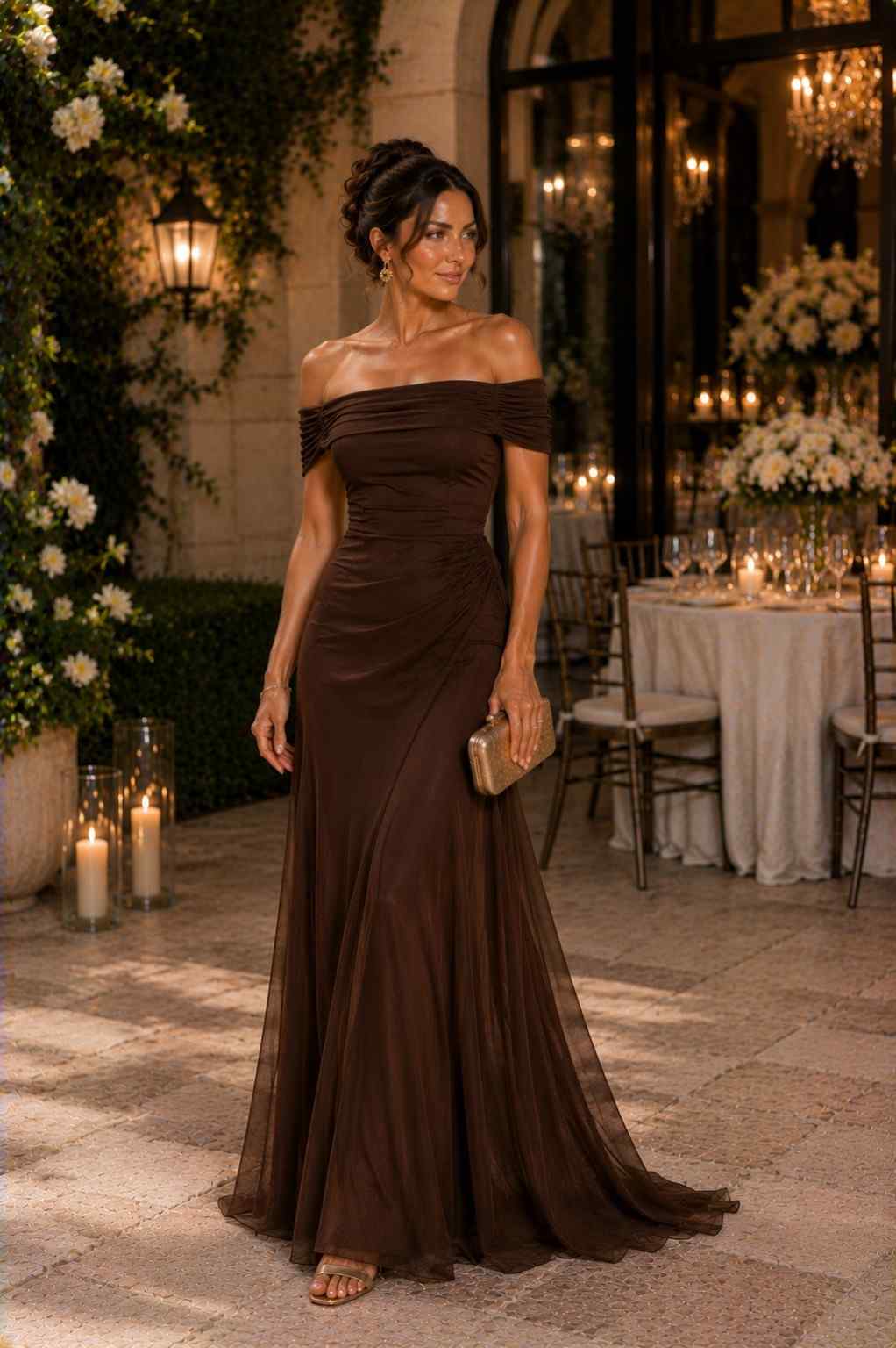 Chocolate brown off-shoulder A-line gown with sheer chiffon skirt