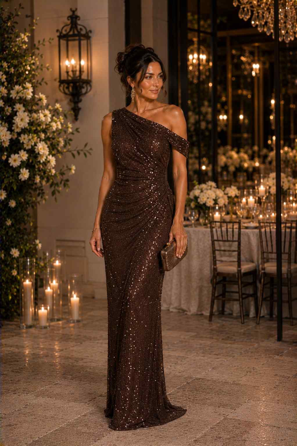 Chocolate brown sequin one-shoulder gown with ruched hip