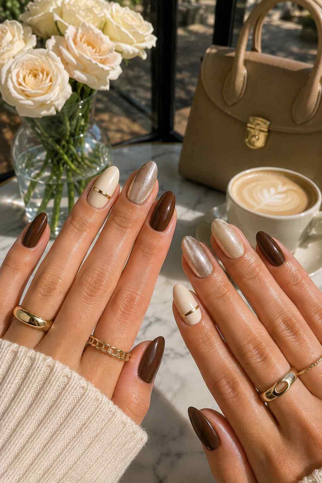 Chocolate brown and vanilla nails with a shimmering metallic accent