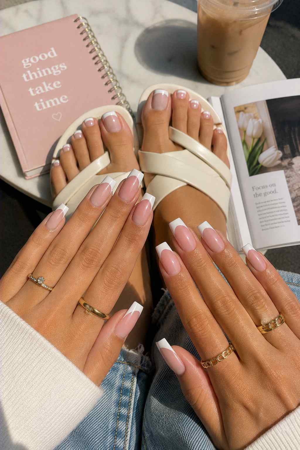 Long square nails with classic white French tip manicure