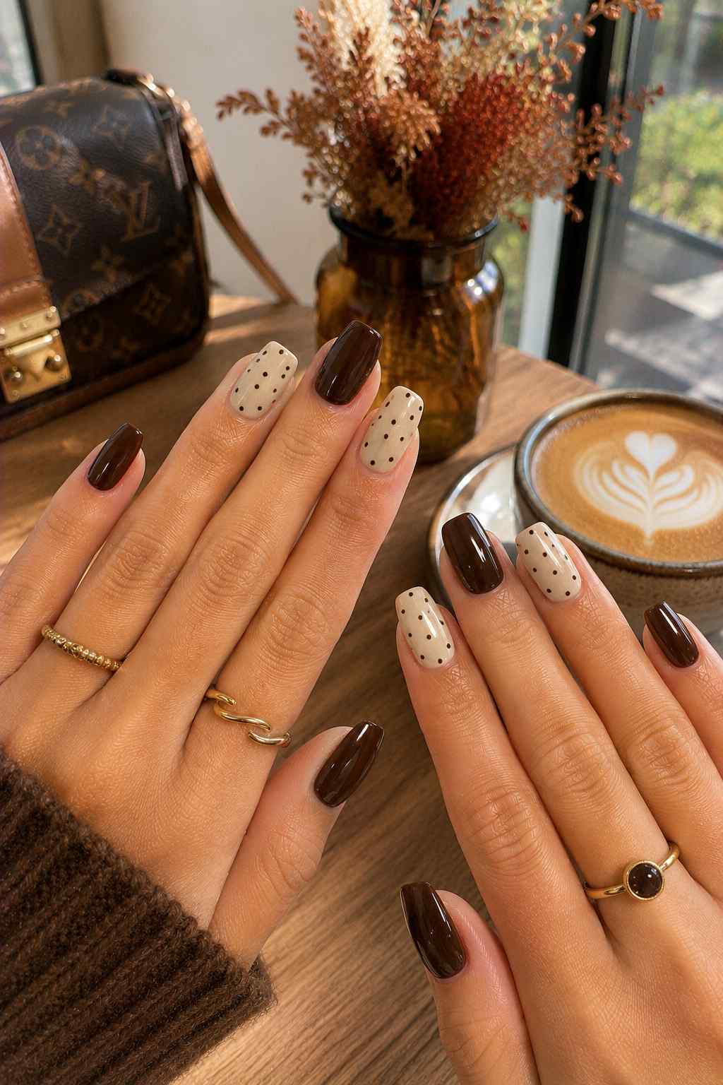 Short glossy chocolate brown nails alternating with cream nails featuring brown polka dots