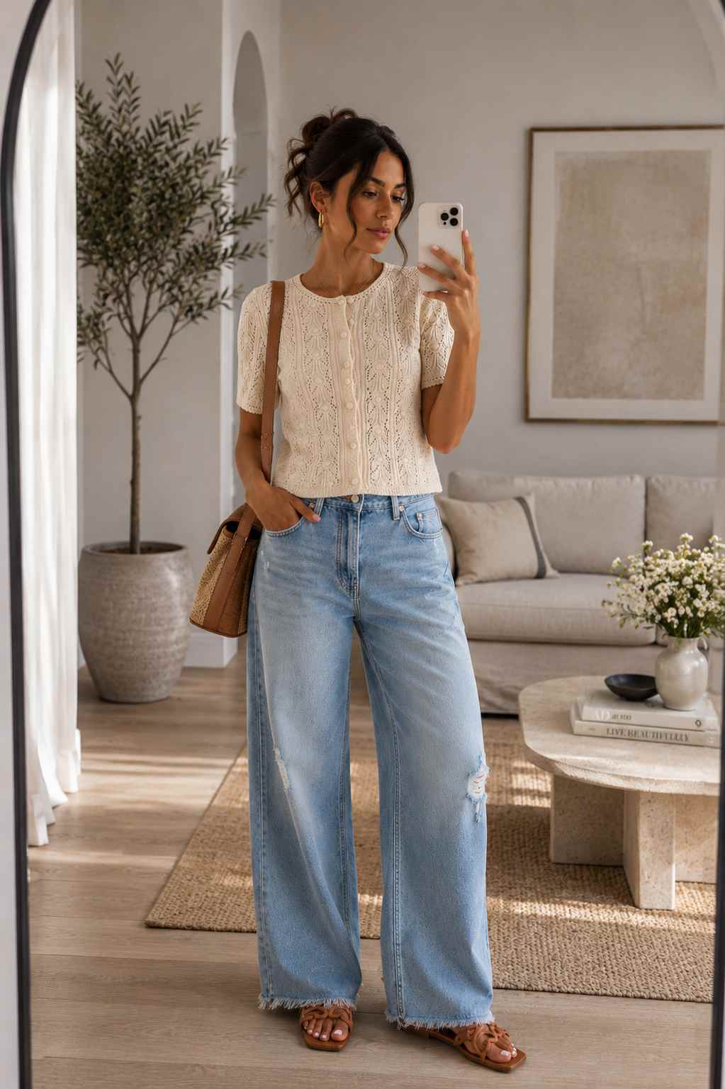 Woman wearing a cream crochet knit top, distressed wide-leg jeans, and carrying a woven tote bag.