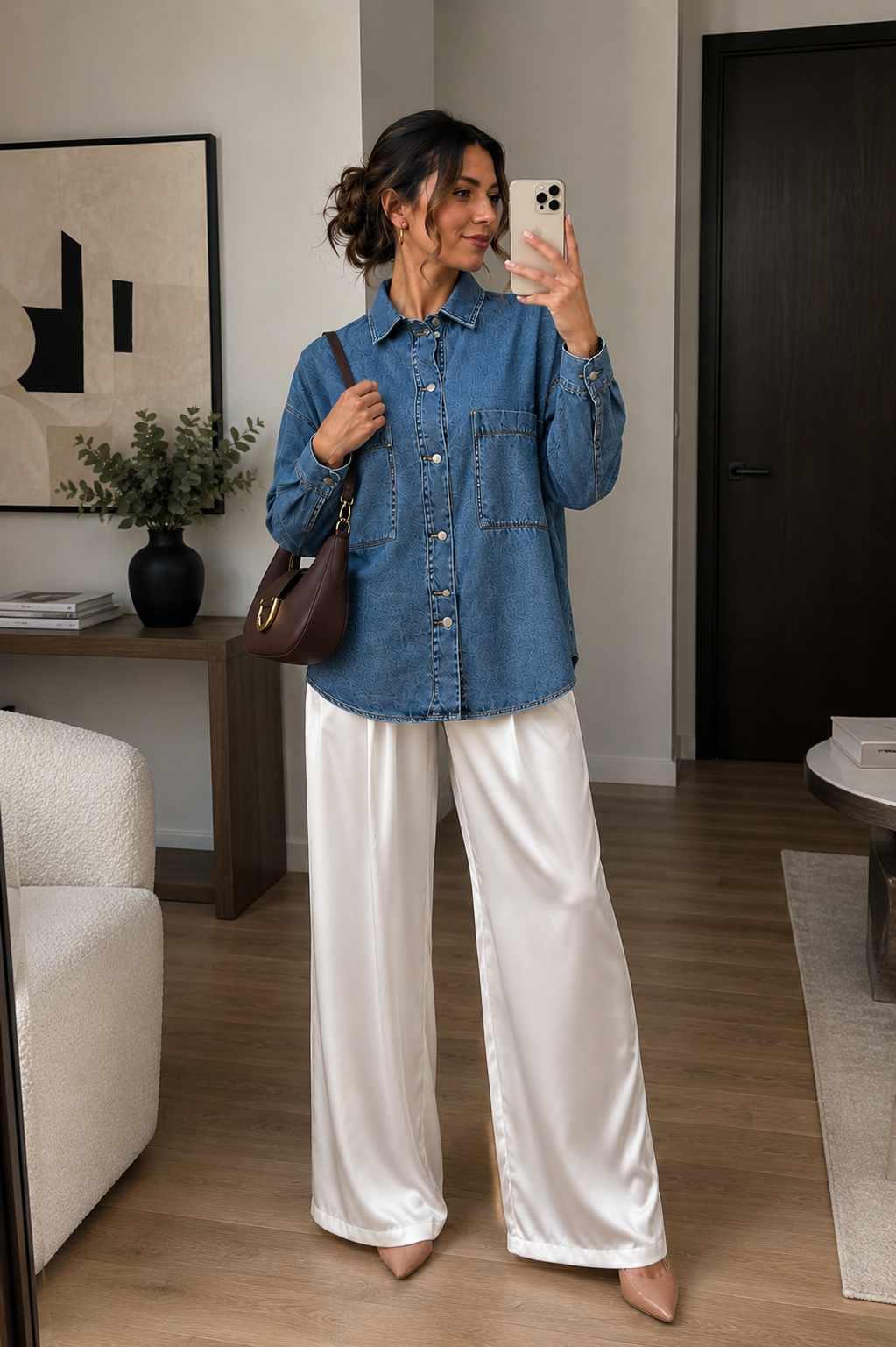 Textured denim button-up shacket with ivory silky wide-leg pants and nude heels – smart casual outfit idea
