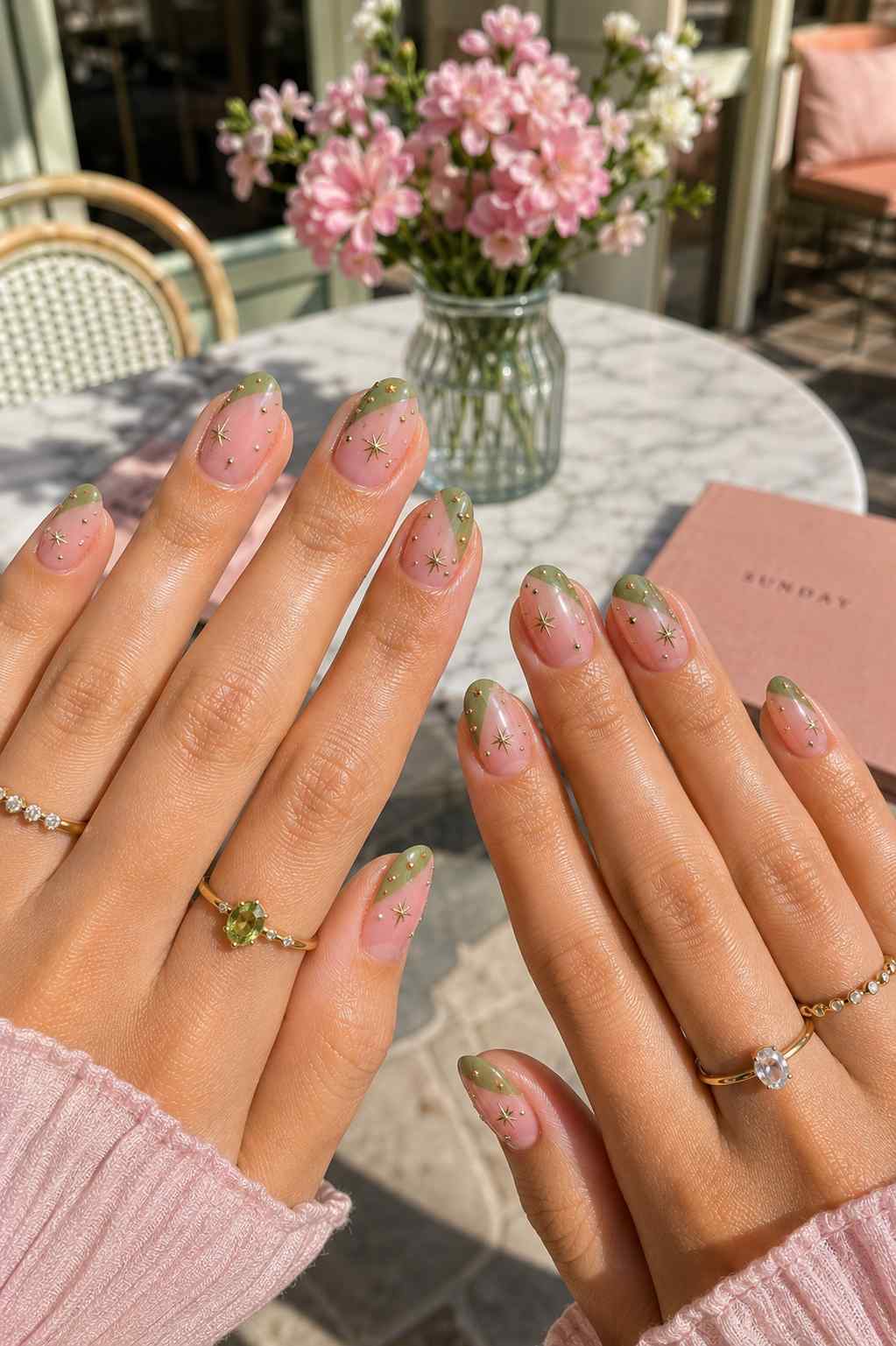 Diagonal sage green French tips with gold star and dot details