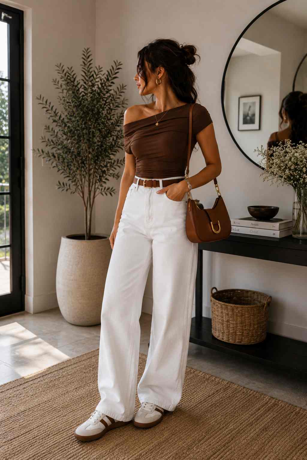 Woman wearing a draped brown off-the-shoulder top, white wide-leg jeans, and a brown crossbody bag.