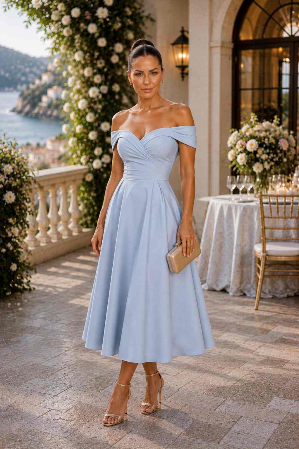 Dusty blue off-shoulder midi dress with sweetheart neckline on a terrace