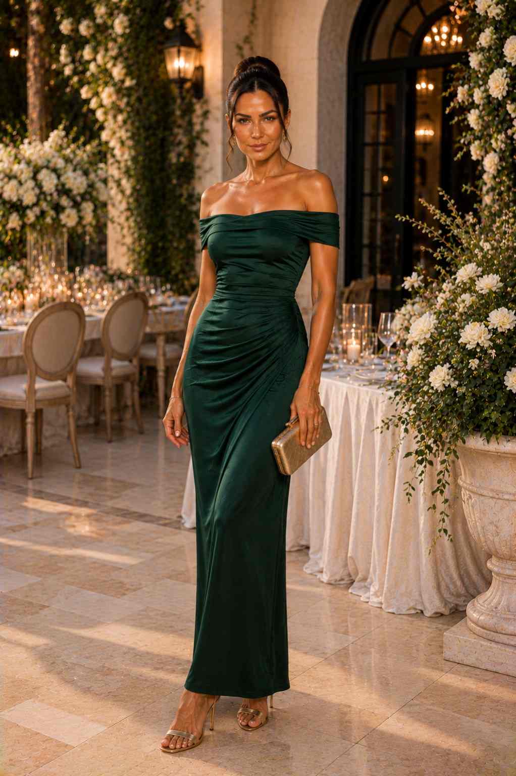 Emerald green off-shoulder satin gown with fitted silhouette