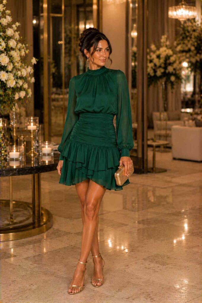 Emerald green ruffle-hem mini dress with sheer long sleeves