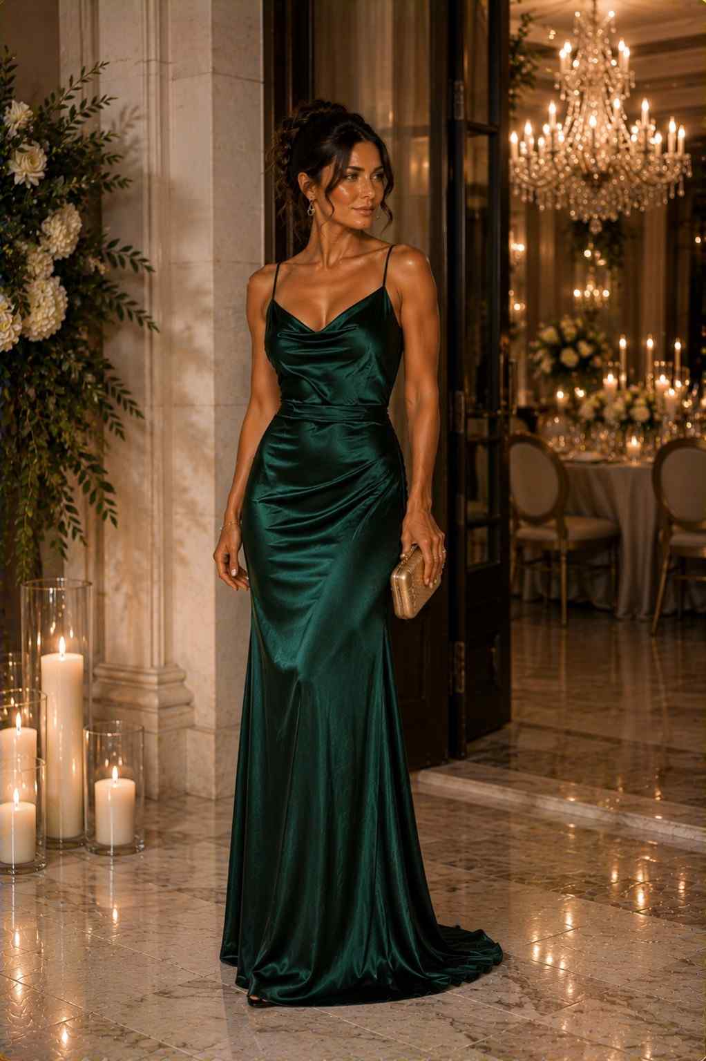 Emerald green satin cowl-neck slip gown with bias-cut skirt