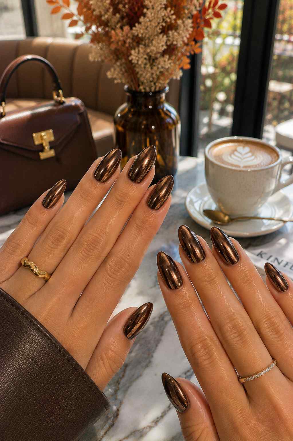 Full set of dark espresso-toned mirror chrome nails