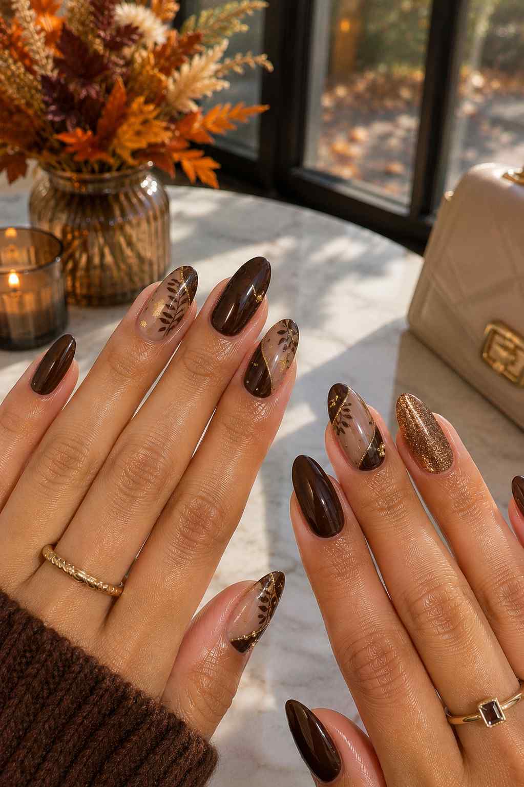 Espresso brown and sheer nude fall manicure with hand-painted gold fern leaf nail art and a copper glitter accent nail