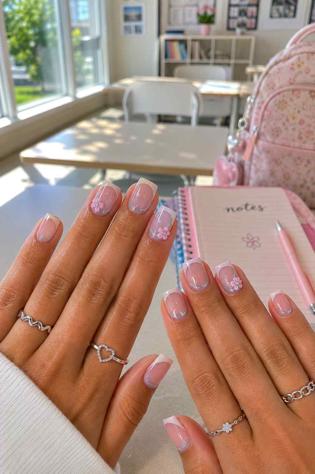 Nude nails with silver glitter-lined French tips and 3D pink flower accent nails