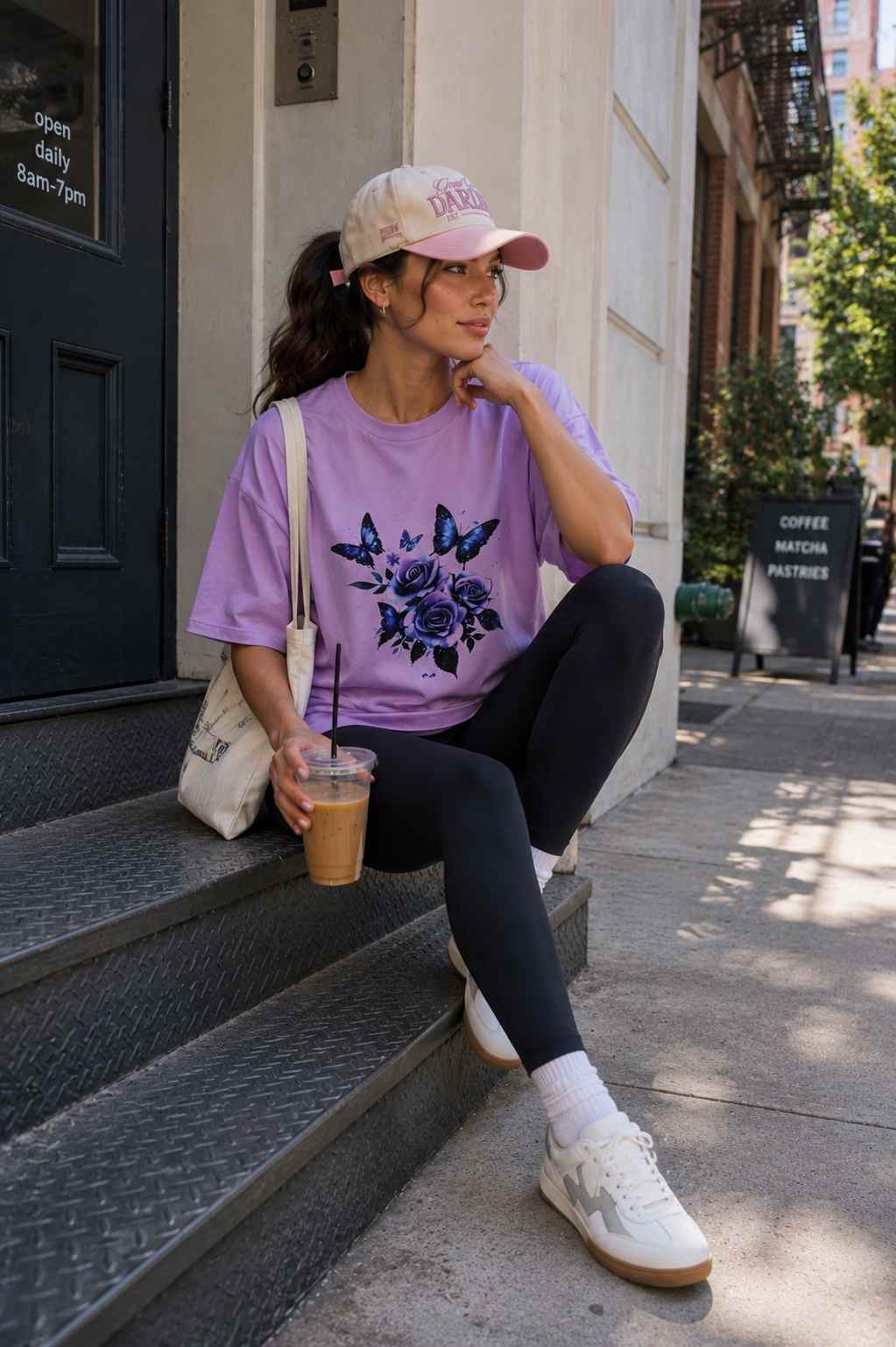 Woman wearing an oversized purple graphic T-shirt, black leggings, trucker cap, and white sneakers.