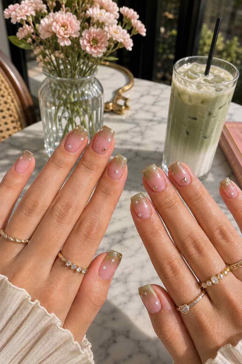 Green glitter ombre nails with gold heart charm accents