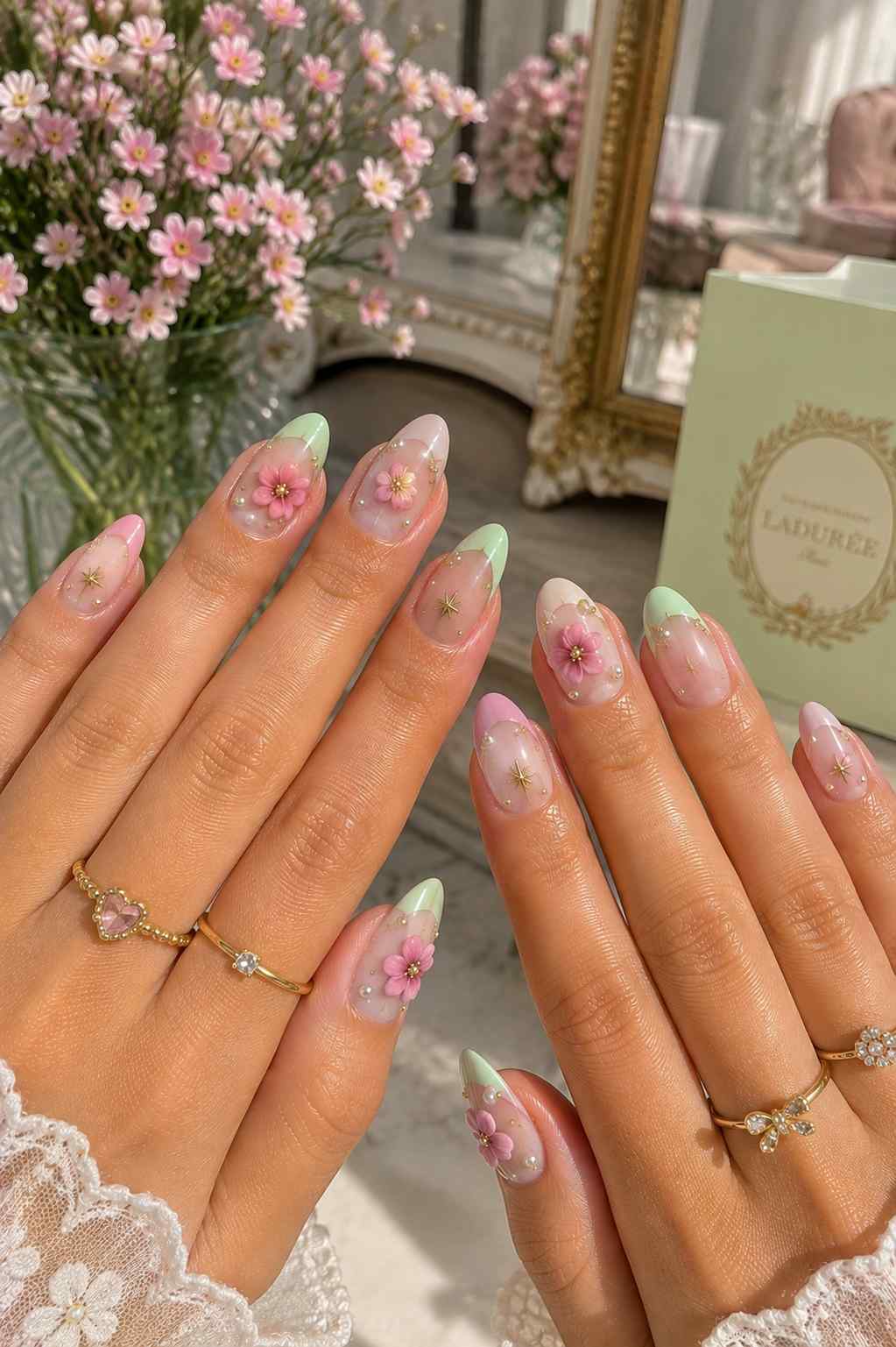 Green and pink tips with 3D flowers, pearls, and gold star accents