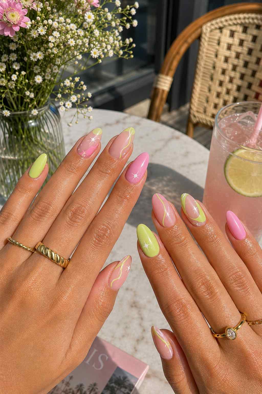 Green and pink nails with wavy gold line art and star accents