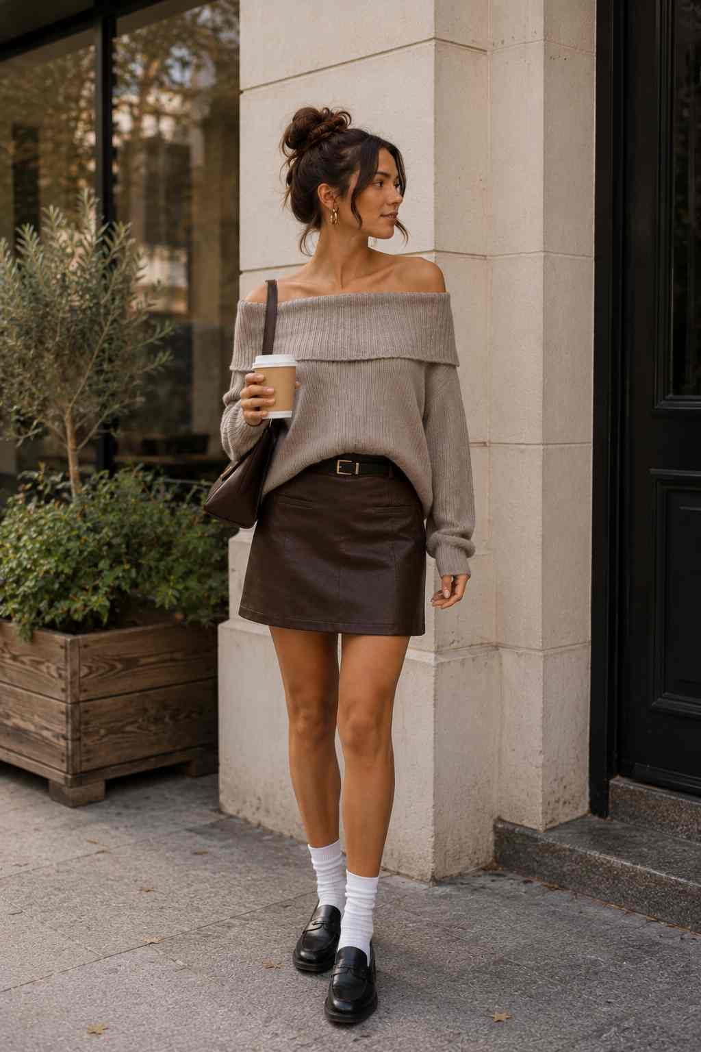 Grey foldover off-shoulder sweater with brown leather mini skirt, white socks and black loafers – chic outfit idea