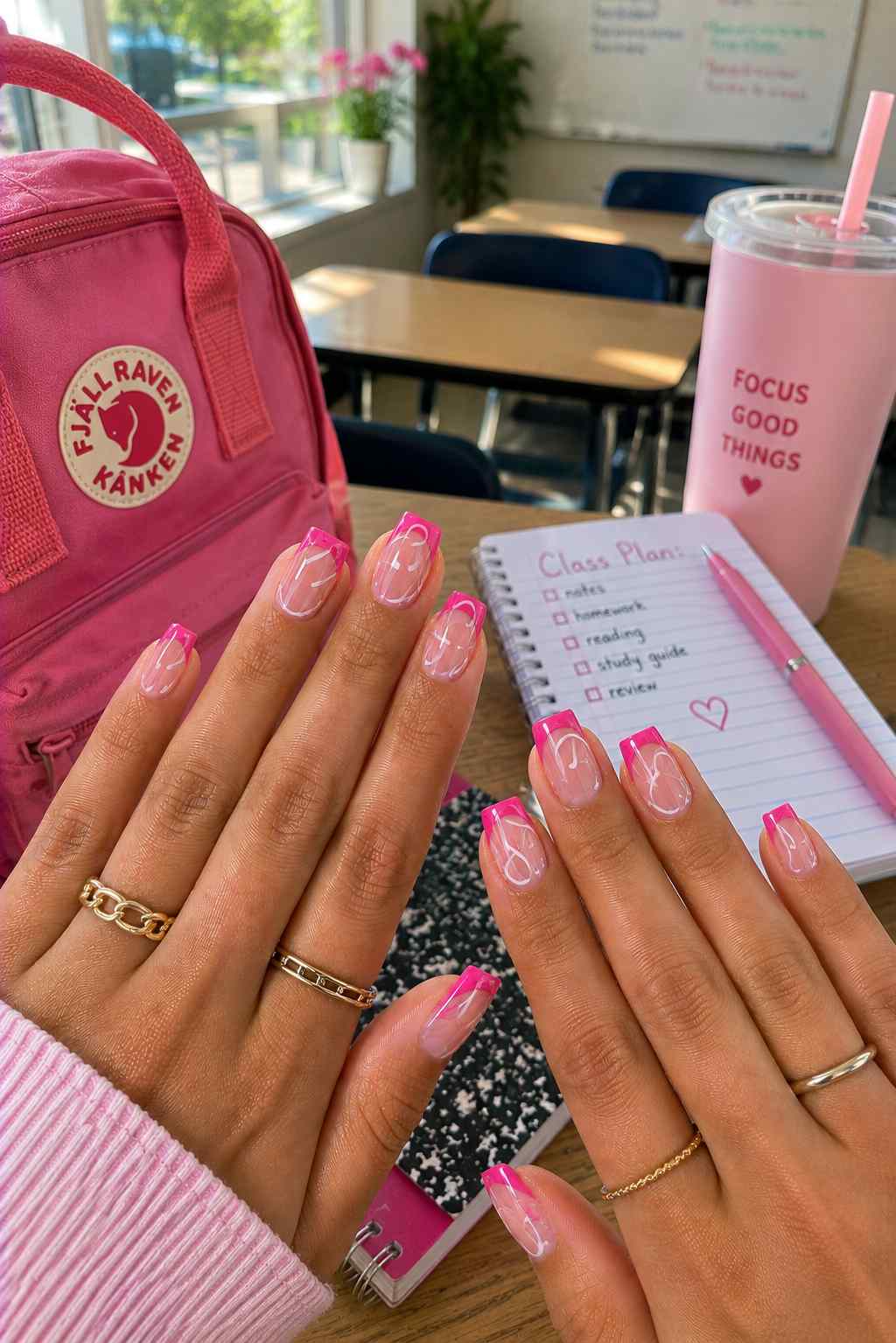 Nude nails with hot pink French tips and hand-painted white line art detailing